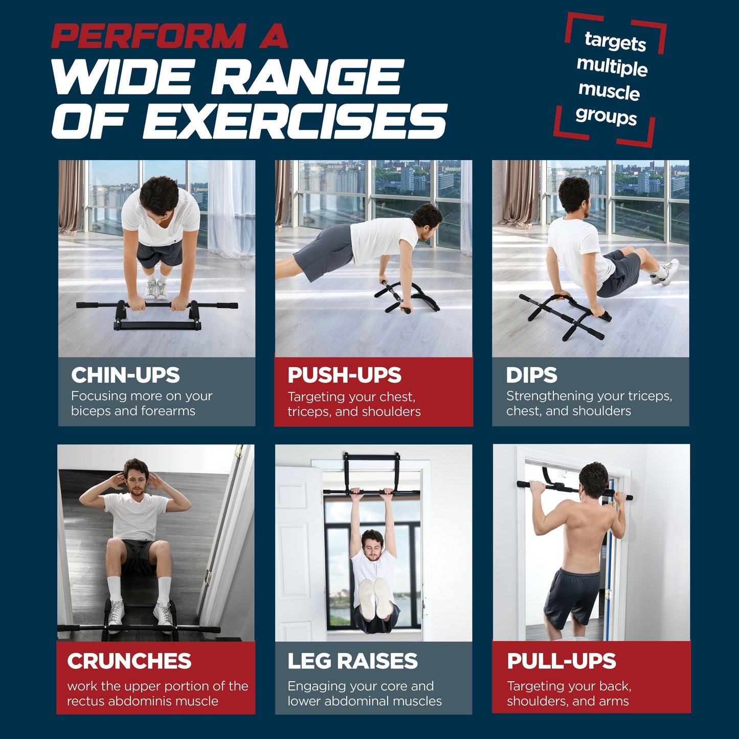Heavy-Duty Pull Up Bar for Doorway – Multifunctional Chin-Up & Dip Bar Trainer for Home Gym – No Screws Needed, Fits Up to 32” Door Frames