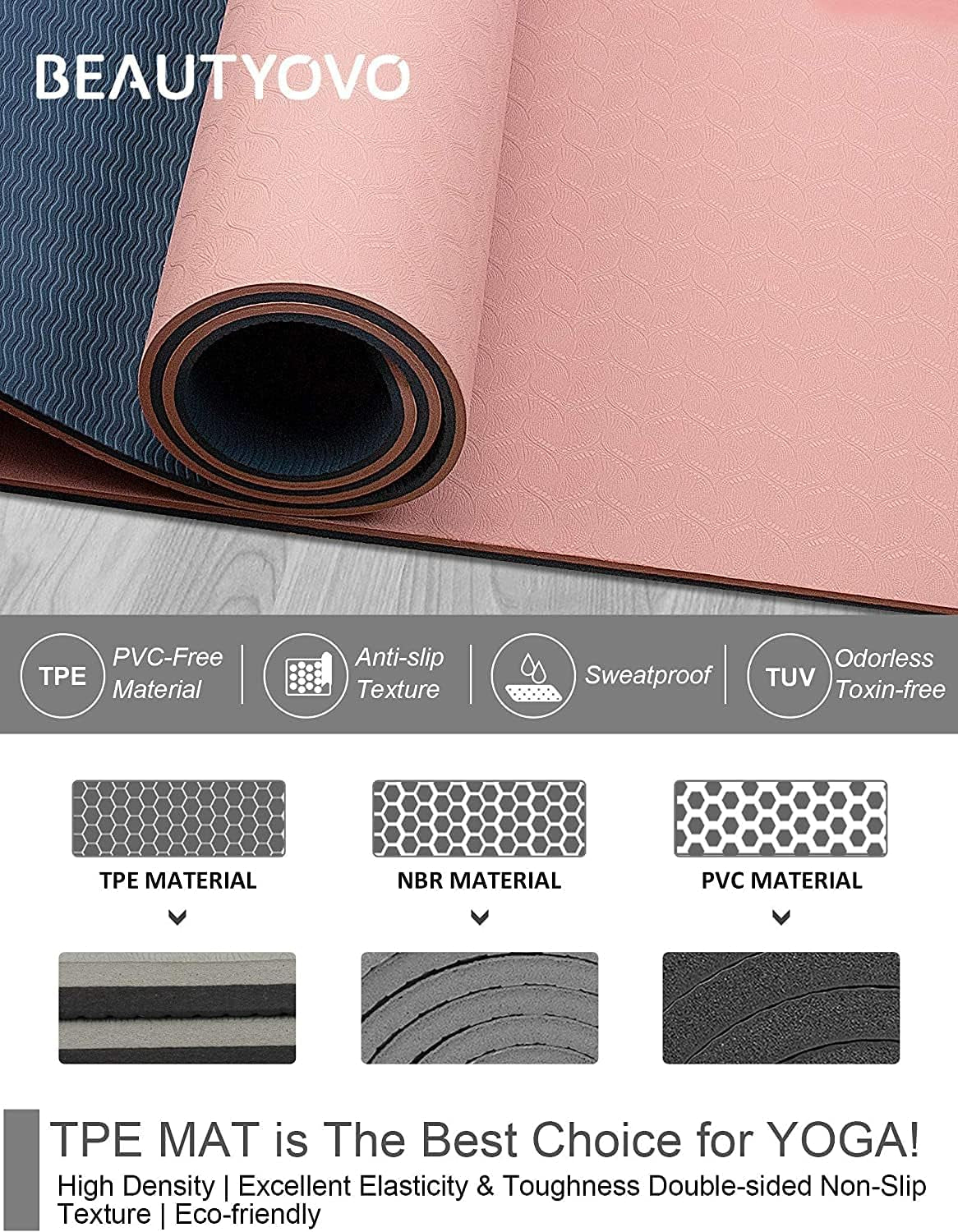 Yoga Mat with Strap (1/3 Inch Extra Thick, Non-Slip, TPE Material)