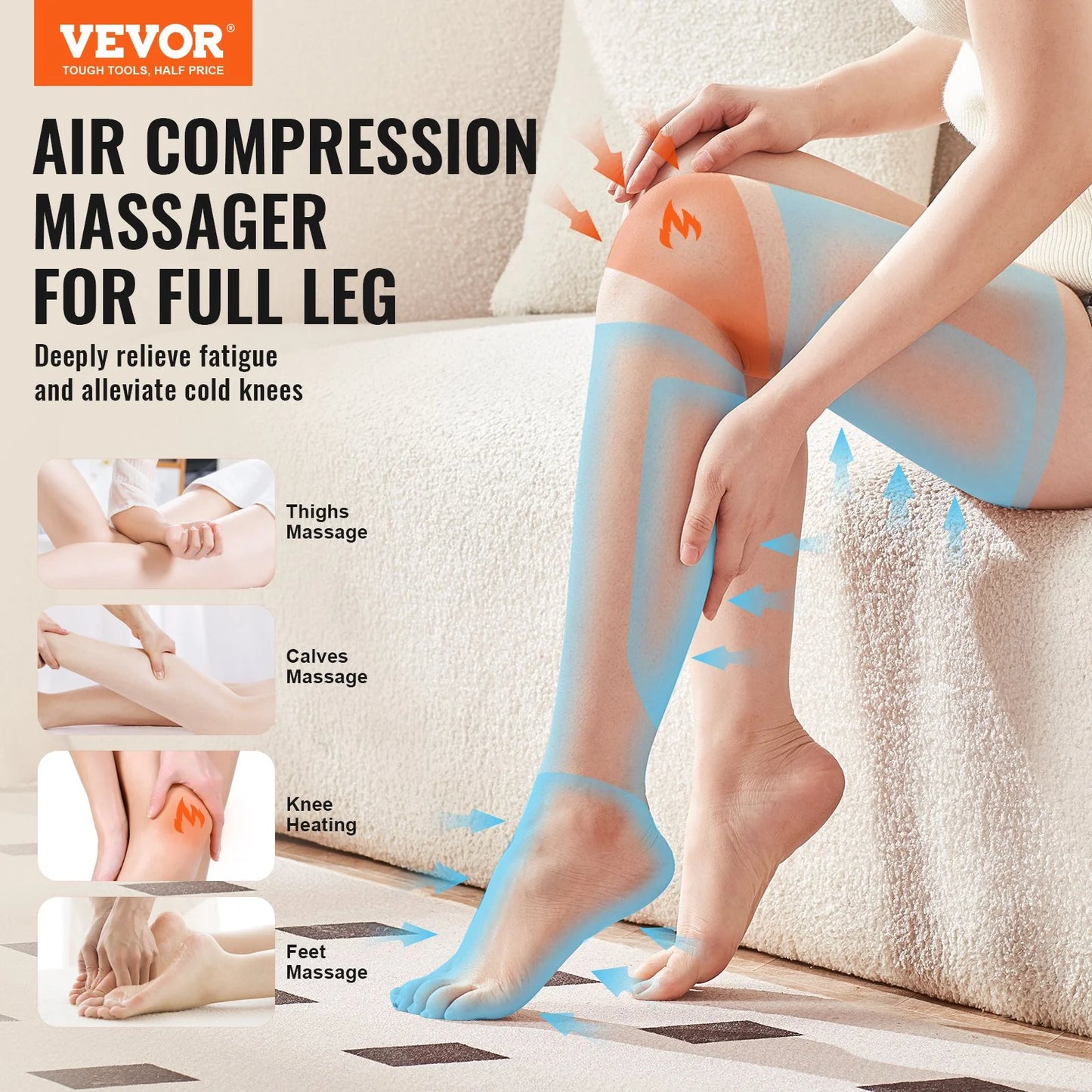 VEVOR Full Leg Air Compression Massager with Heat – Foot to Thigh Relief, 3 Modes & Intensities