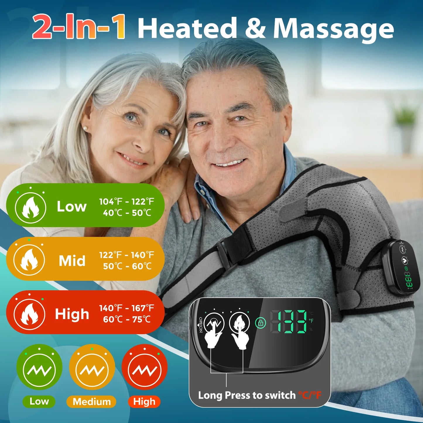 Cordless Heated Shoulder Brace – Rotator Cuff Massager with 3 Heat & Vibration Settings for Muscle and Stress Relief