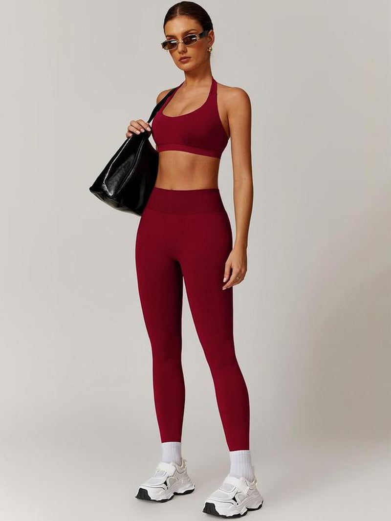 Women’s Solid Backless Halter Crop Sports Bra & High Waist Leggings Set, Breathable Comfortable Activewear for Yoga, Gym, Workout, Running, All-Season Sportswear for Ladies