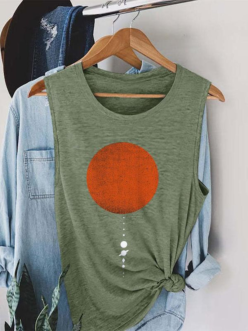 Women's Sun Graphic Print Round Neck Tank Top, Casual Sleeveless Summer Top for Daily Wear, Stylish Ladies Top