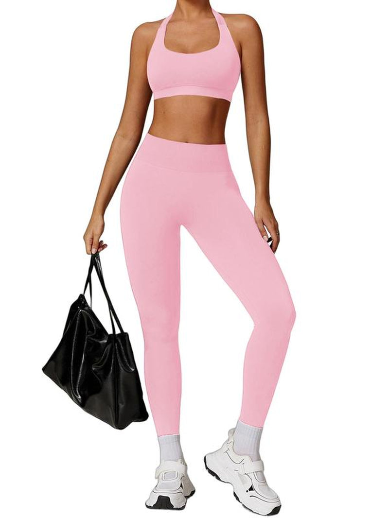 Women’s Solid Backless Halter Crop Sports Bra & High Waist Leggings Set, Breathable Comfortable Activewear for Yoga, Gym, Workout, Running, All-Season Sportswear for Ladies