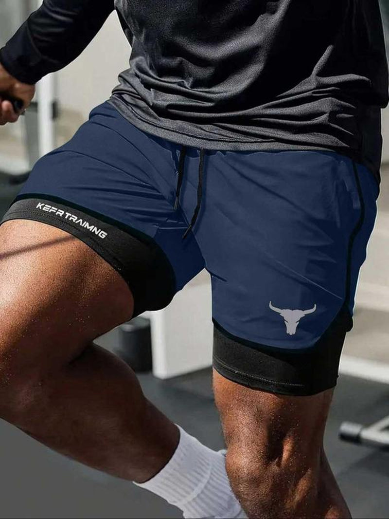 Men’s Regular Fit Bull Head Print Quick-Drying Breathable Training Shorts, Casual Gym Workout Shorts for Summer, Comfortable Bottoms for Indoor/Outdoor Wear