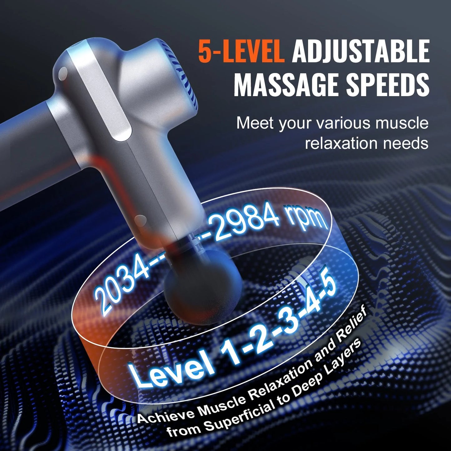 VEVOR Deep Tissue Massage Gun – Handheld Percussion Massager for Athletes with 5 Speeds, 6 Heads & 2500mAh Battery for Pain Relief & Muscle Recovery