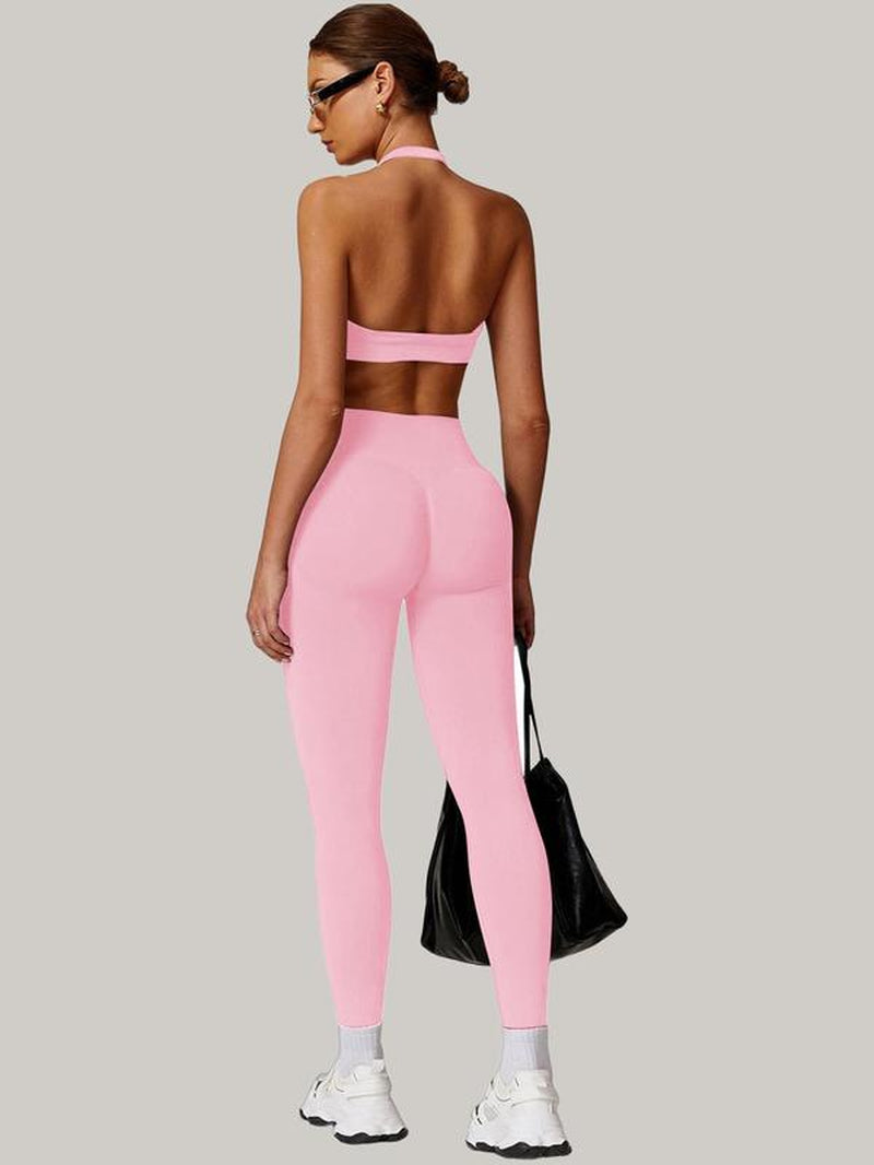 Women’s Solid Backless Halter Crop Sports Bra & High Waist Leggings Set, Breathable Comfortable Activewear for Yoga, Gym, Workout, Running, All-Season Sportswear for Ladies