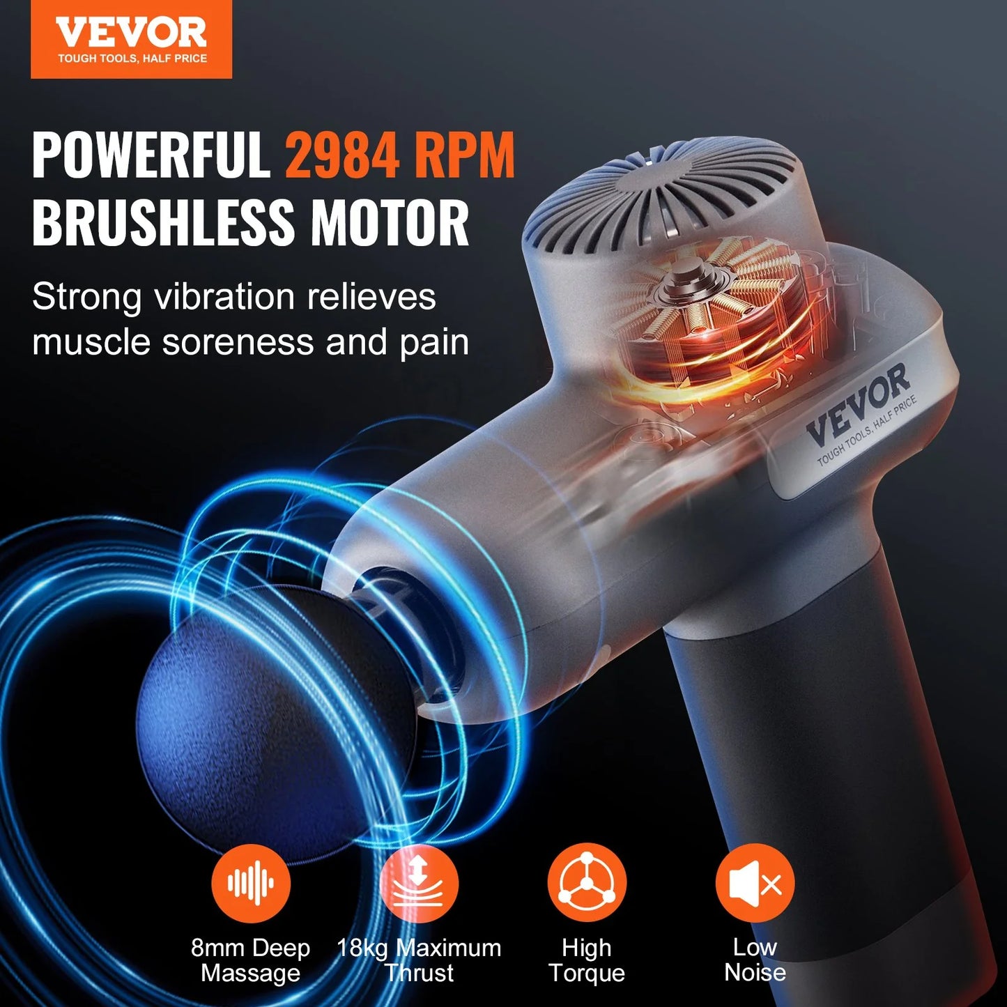 VEVOR Deep Tissue Massage Gun – Handheld Percussion Massager for Athletes with 5 Speeds, 6 Heads & 2500mAh Battery for Pain Relief & Muscle Recovery