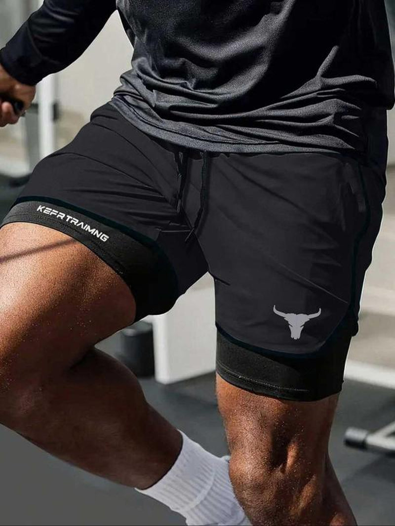 Men’s Regular Fit Bull Head Print Quick-Drying Breathable Training Shorts, Casual Gym Workout Shorts for Summer, Comfortable Bottoms for Indoor/Outdoor Wear