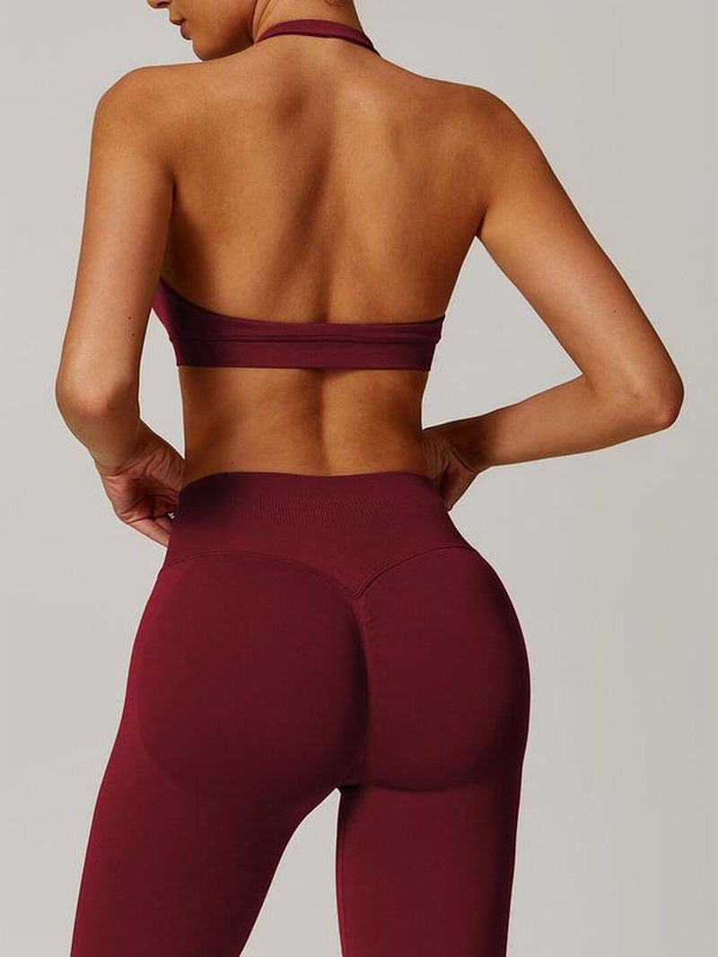 Women’s Solid Backless Halter Crop Sports Bra & High Waist Leggings Set, Breathable Comfortable Activewear for Yoga, Gym, Workout, Running, All-Season Sportswear for Ladies