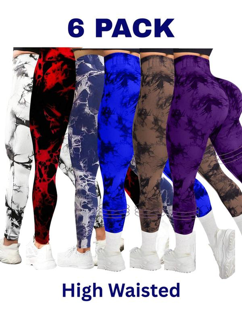 6-Pack Tie-Dye High-Waisted Leggings for Women – Squat-Proof, Rear-Lifting Tummy Control Yoga & Workout Pants