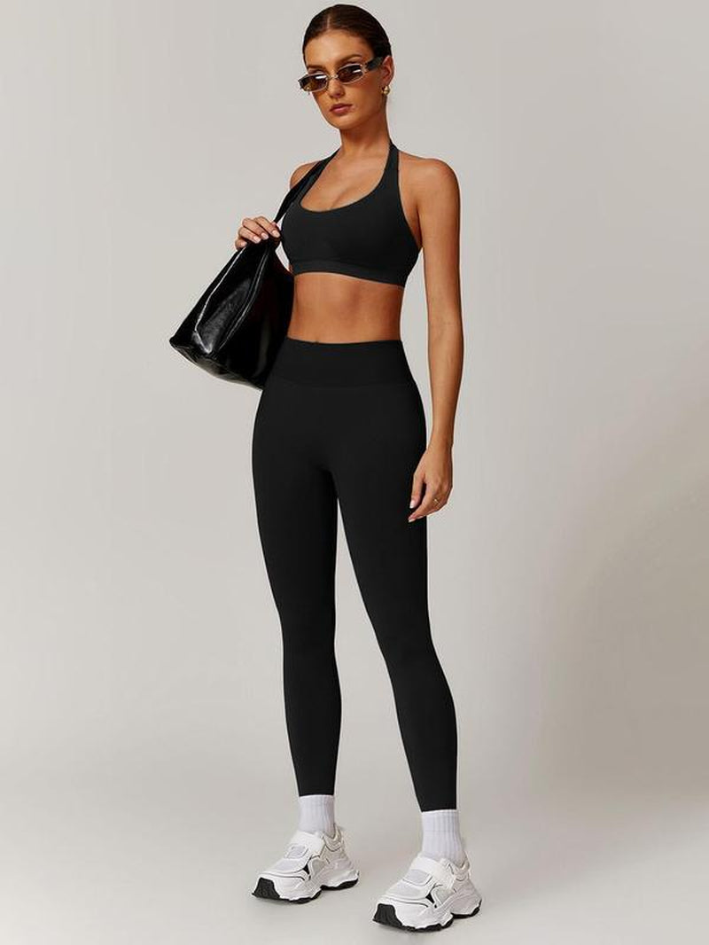 Women’s Solid Backless Halter Crop Sports Bra & High Waist Leggings Set, Breathable Comfortable Activewear for Yoga, Gym, Workout, Running, All-Season Sportswear for Ladies