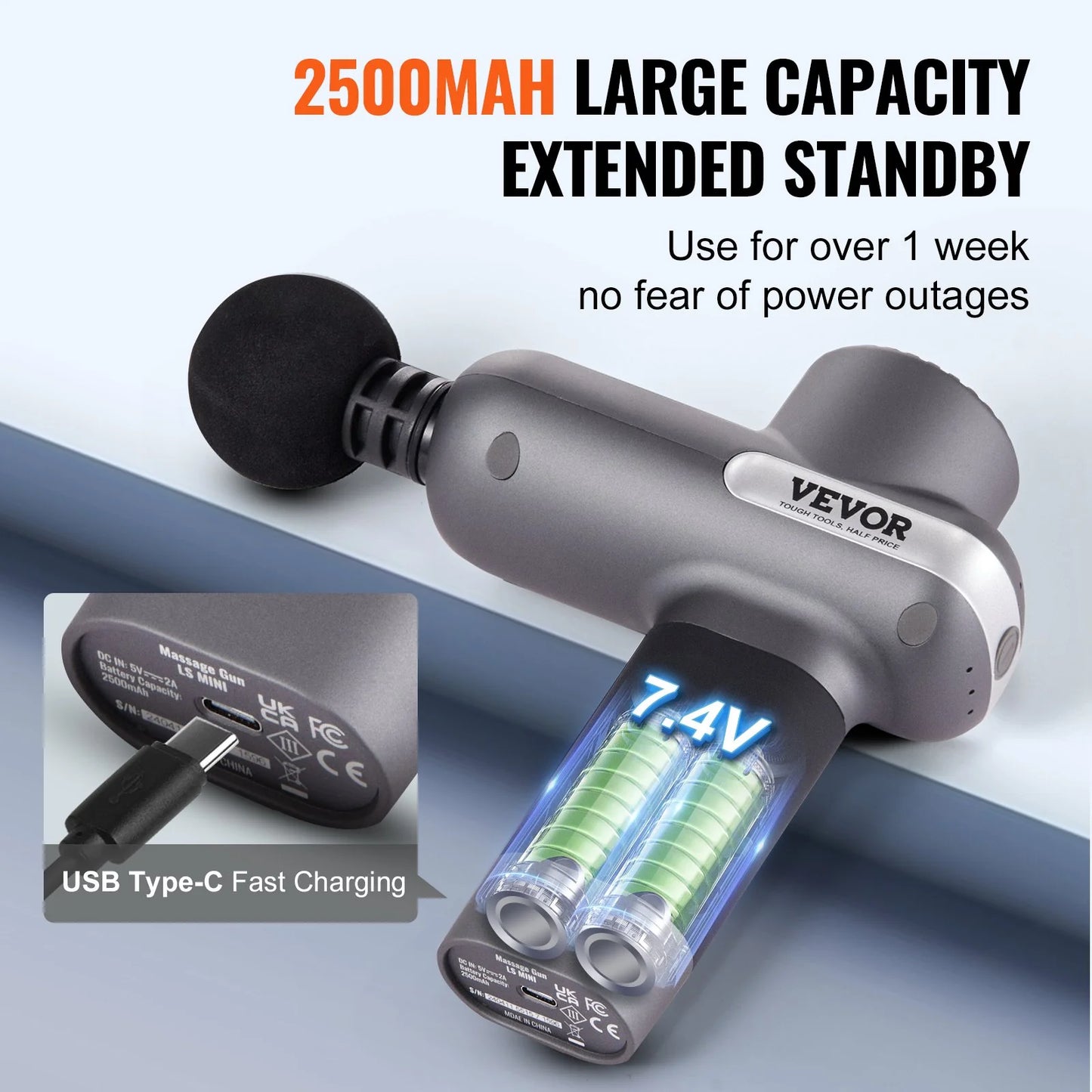 VEVOR Deep Tissue Massage Gun – Handheld Percussion Massager for Athletes with 5 Speeds, 6 Heads & 2500mAh Battery for Pain Relief & Muscle Recovery