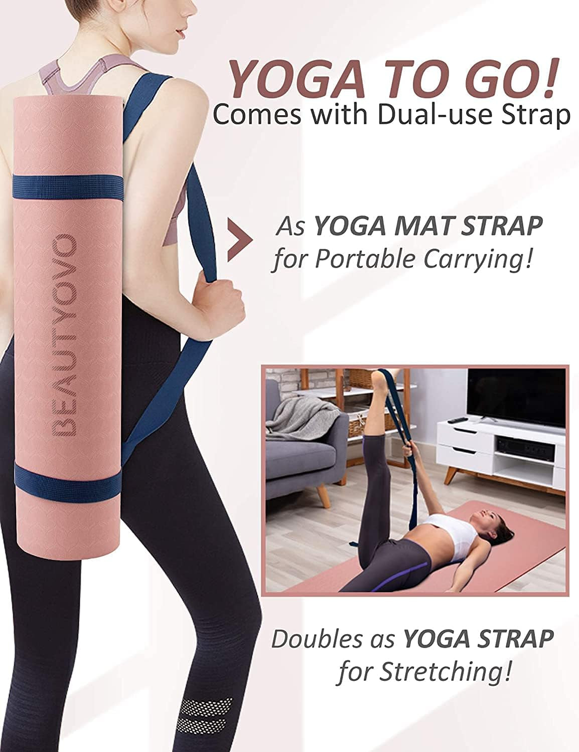 Yoga Mat with Strap (1/3 Inch Extra Thick, Non-Slip, TPE Material)
