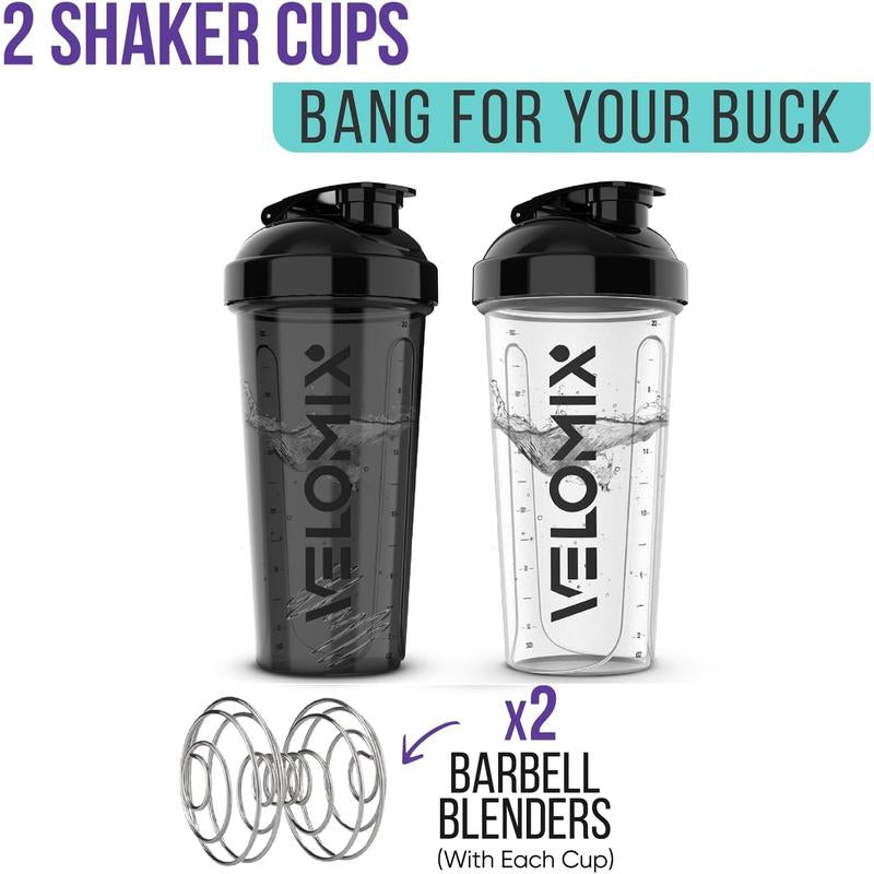 2-Pack 28oz VELOMIX Protein Shaker Bottles – Leakproof Shaker Cups with Dual Wire Whisks for Smooth Protein Mixes – Black & Clear