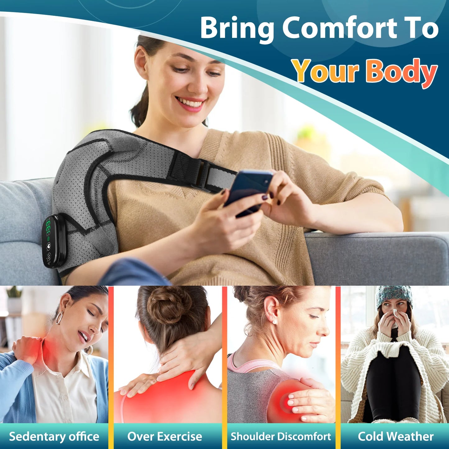 Cordless Heated Shoulder Brace – Rotator Cuff Massager with 3 Heat & Vibration Settings for Muscle and Stress Relief