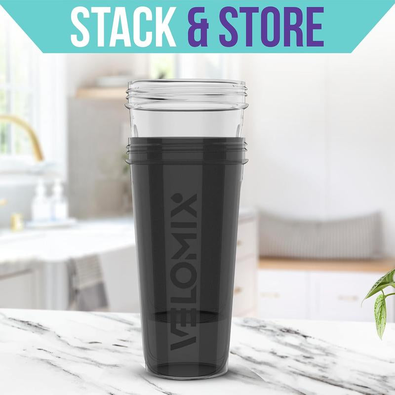 2-Pack 28oz VELOMIX Protein Shaker Bottles – Leakproof Shaker Cups with Dual Wire Whisks for Smooth Protein Mixes – Black & Clear