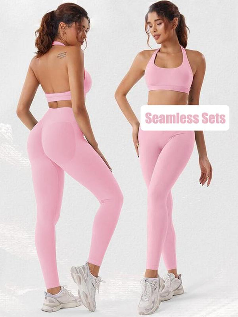Women’s Solid Backless Halter Crop Sports Bra & High Waist Leggings Set, Breathable Comfortable Activewear for Yoga, Gym, Workout, Running, All-Season Sportswear for Ladies