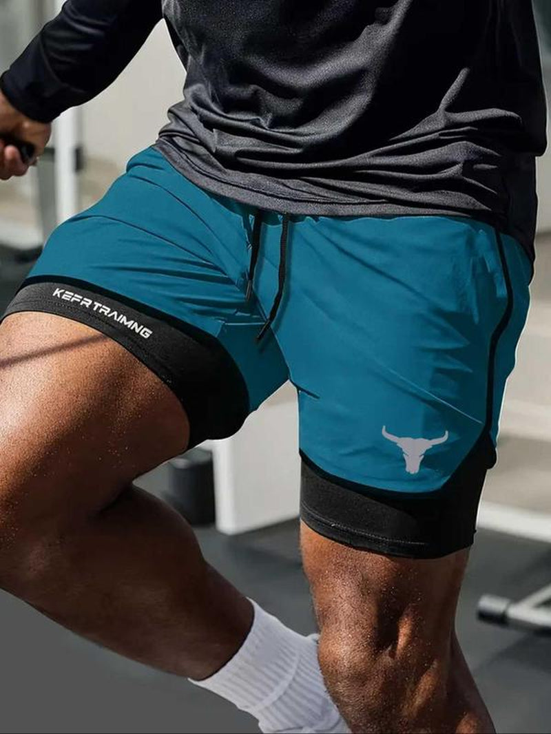 Men’s Regular Fit Bull Head Print Quick-Drying Breathable Training Shorts, Casual Gym Workout Shorts for Summer, Comfortable Bottoms for Indoor/Outdoor Wear