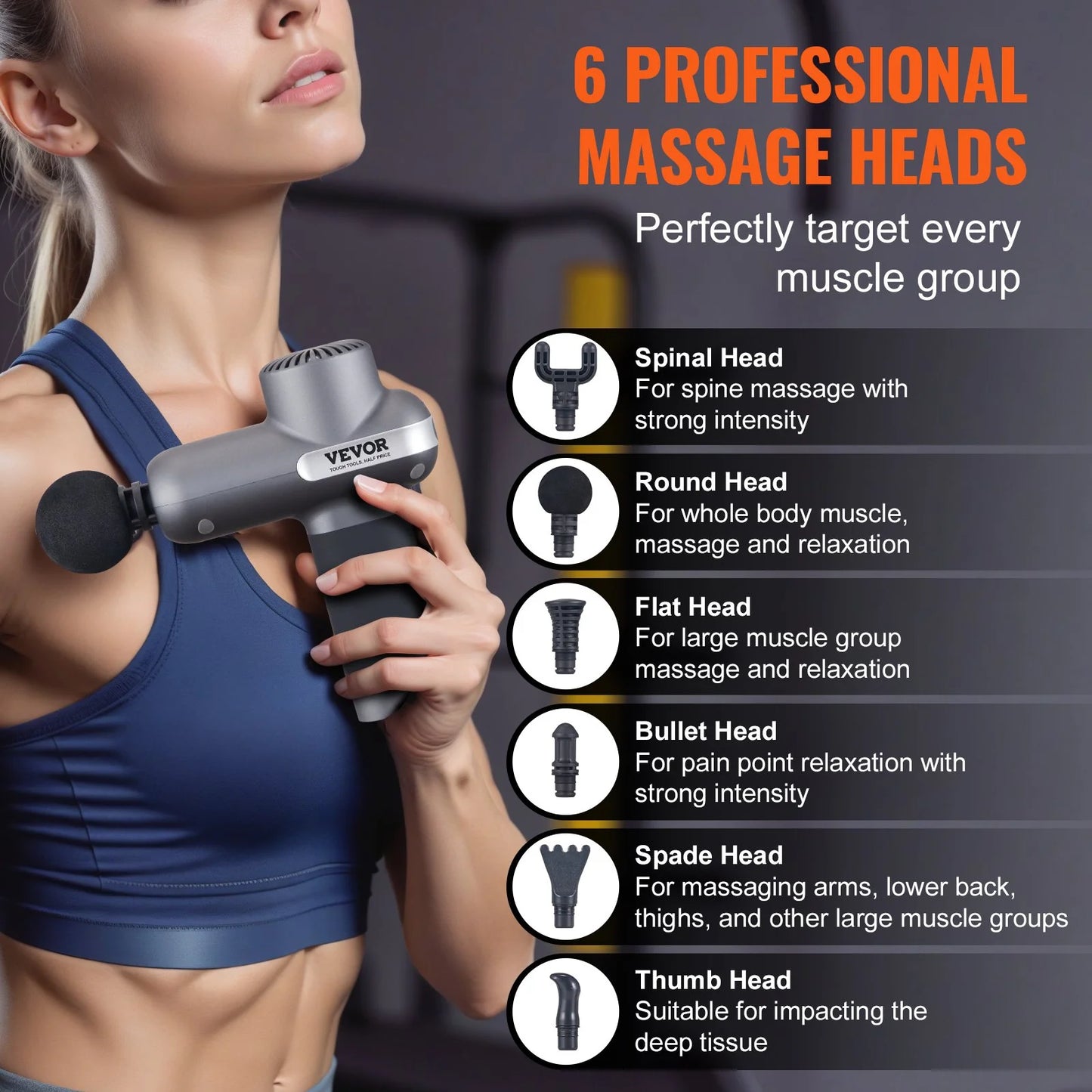 VEVOR Deep Tissue Massage Gun – Handheld Percussion Massager for Athletes with 5 Speeds, 6 Heads & 2500mAh Battery for Pain Relief & Muscle Recovery