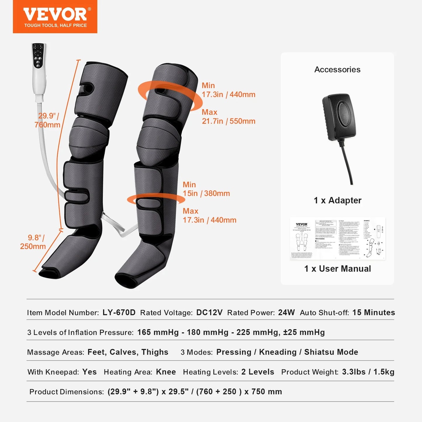 VEVOR Full Leg Air Compression Massager with Heat – Foot to Thigh Relief, 3 Modes & Intensities
