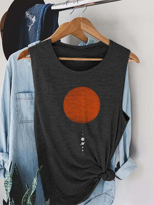 Women's Sun Graphic Print Round Neck Tank Top, Casual Sleeveless Summer Top for Daily Wear, Stylish Ladies Top