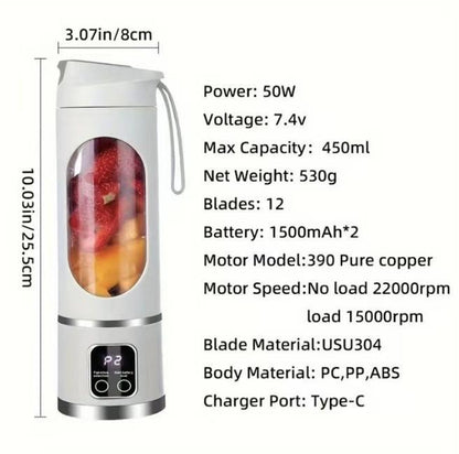 TikTok Portable Blender – USB Rechargeable Smoothie & Juice Maker, 450ml Mini Blender with 6 Blades, Compact & Diet-Friendly for Travel, Office, or Home Use