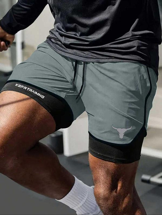 Men’s Regular Fit Bull Head Print Quick-Drying Breathable Training Shorts, Casual Gym Workout Shorts for Summer, Comfortable Bottoms for Indoor/Outdoor Wear