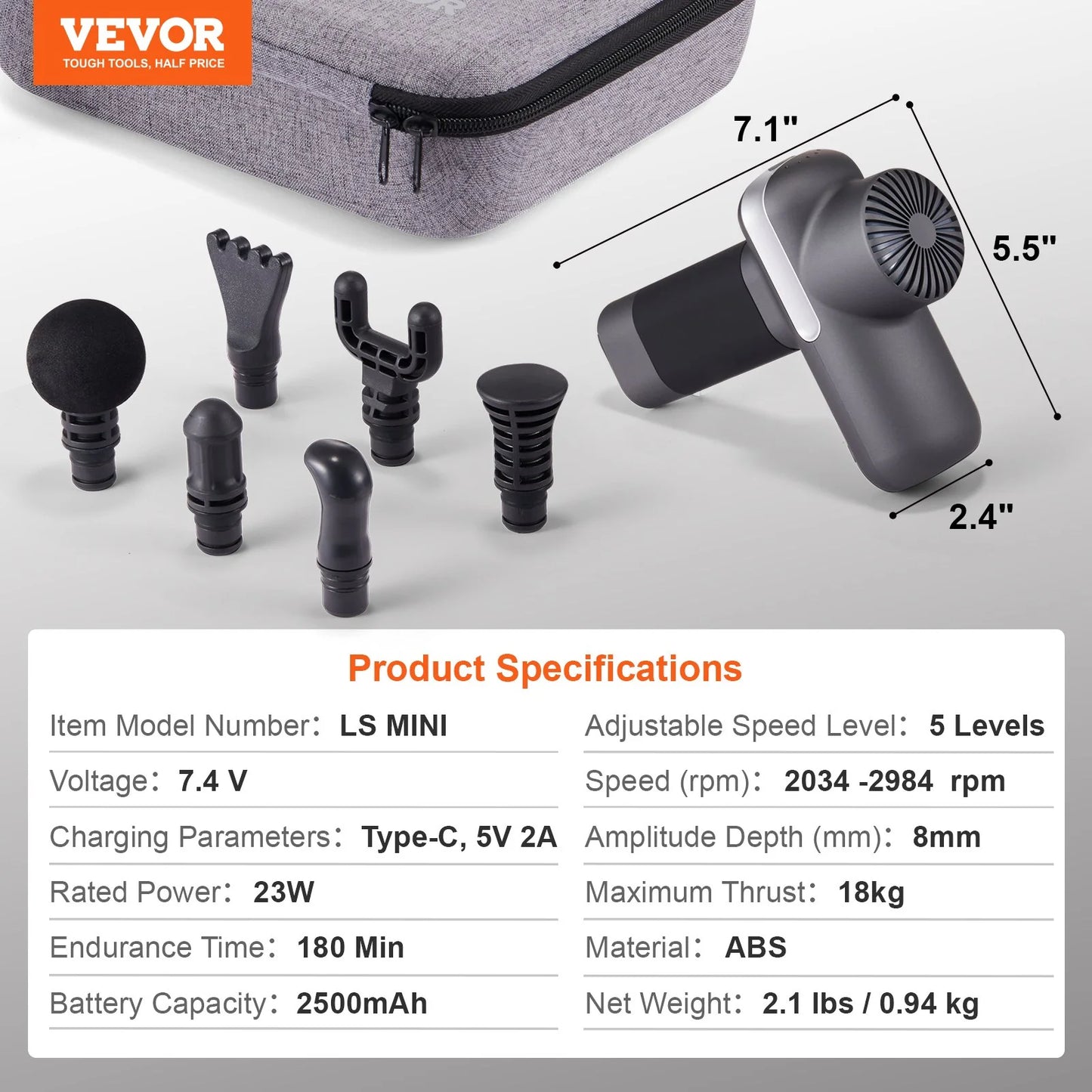 VEVOR Deep Tissue Massage Gun – Handheld Percussion Massager for Athletes with 5 Speeds, 6 Heads & 2500mAh Battery for Pain Relief & Muscle Recovery