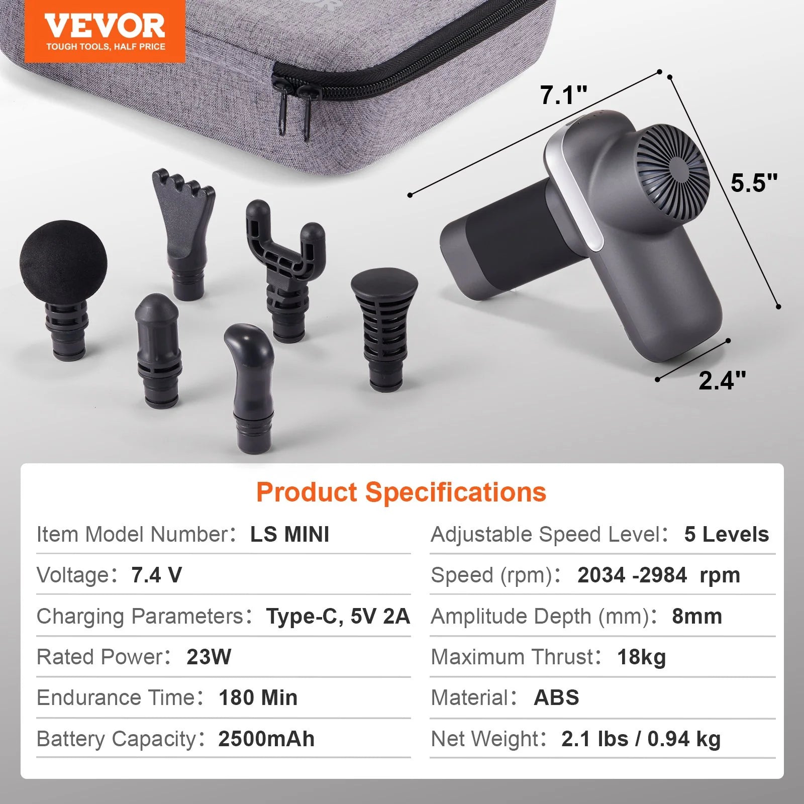 VEVOR Deep Tissue Massage Gun – Handheld Percussion Massager for Athletes with 5 Speeds, 6 Heads & 2500mAh Battery for Pain Relief & Muscle Recovery