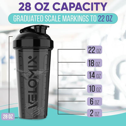 2-Pack 28oz VELOMIX Protein Shaker Bottles – Leakproof Shaker Cups with Dual Wire Whisks for Smooth Protein Mixes – Black & Clear
