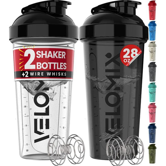 2-Pack 28oz VELOMIX Protein Shaker Bottles – Leakproof Shaker Cups with Dual Wire Whisks for Smooth Protein Mixes – Black & Clear