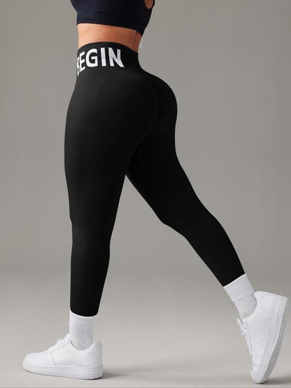 Women's Solid Color Letter Pattern High Waist Sports Leggings