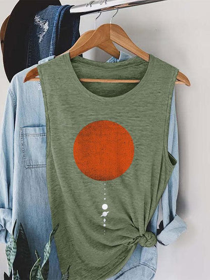 Women's Sun Graphic Print Round Neck Tank Top, Casual Sleeveless Summer Top for Daily Wear, Stylish Ladies Top