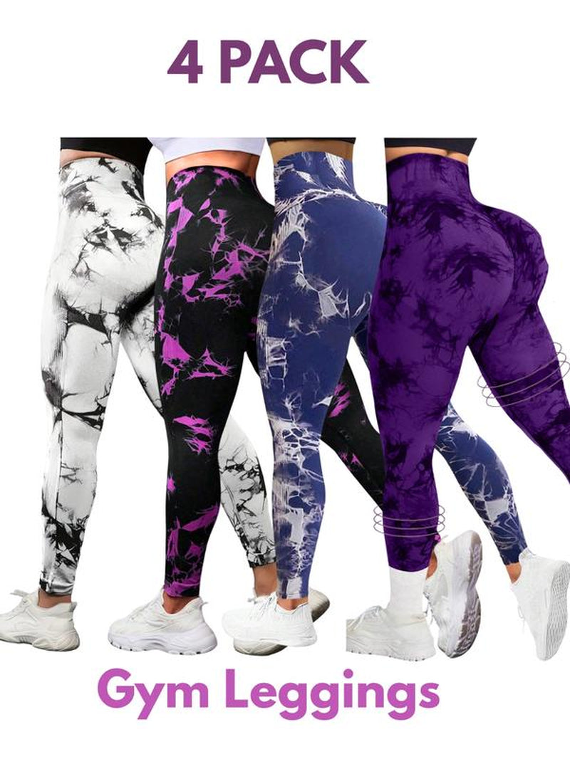 4-Pack Tie-Dye High-Waisted Leggings for Women – Tummy Control, Rear-Lifting, Squat-Proof Yoga & Workout Pants