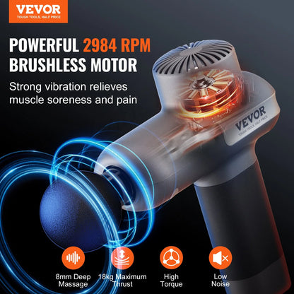 VEVOR Deep Tissue Massage Gun – Handheld Percussion Massager for Athletes with 5 Speeds, 6 Heads & 2500mAh Battery for Pain Relief & Muscle Recovery