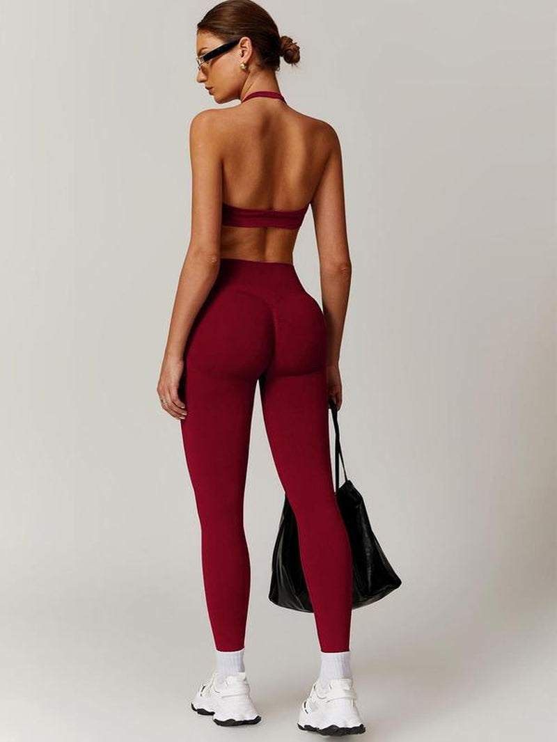 Women’s Solid Backless Halter Crop Sports Bra & High Waist Leggings Set, Breathable Comfortable Activewear for Yoga, Gym, Workout, Running, All-Season Sportswear for Ladies