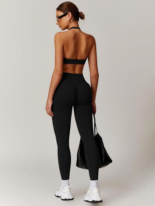 Women’s Solid Backless Halter Crop Sports Bra & High Waist Leggings Set, Breathable Comfortable Activewear for Yoga, Gym, Workout, Running, All-Season Sportswear for Ladies